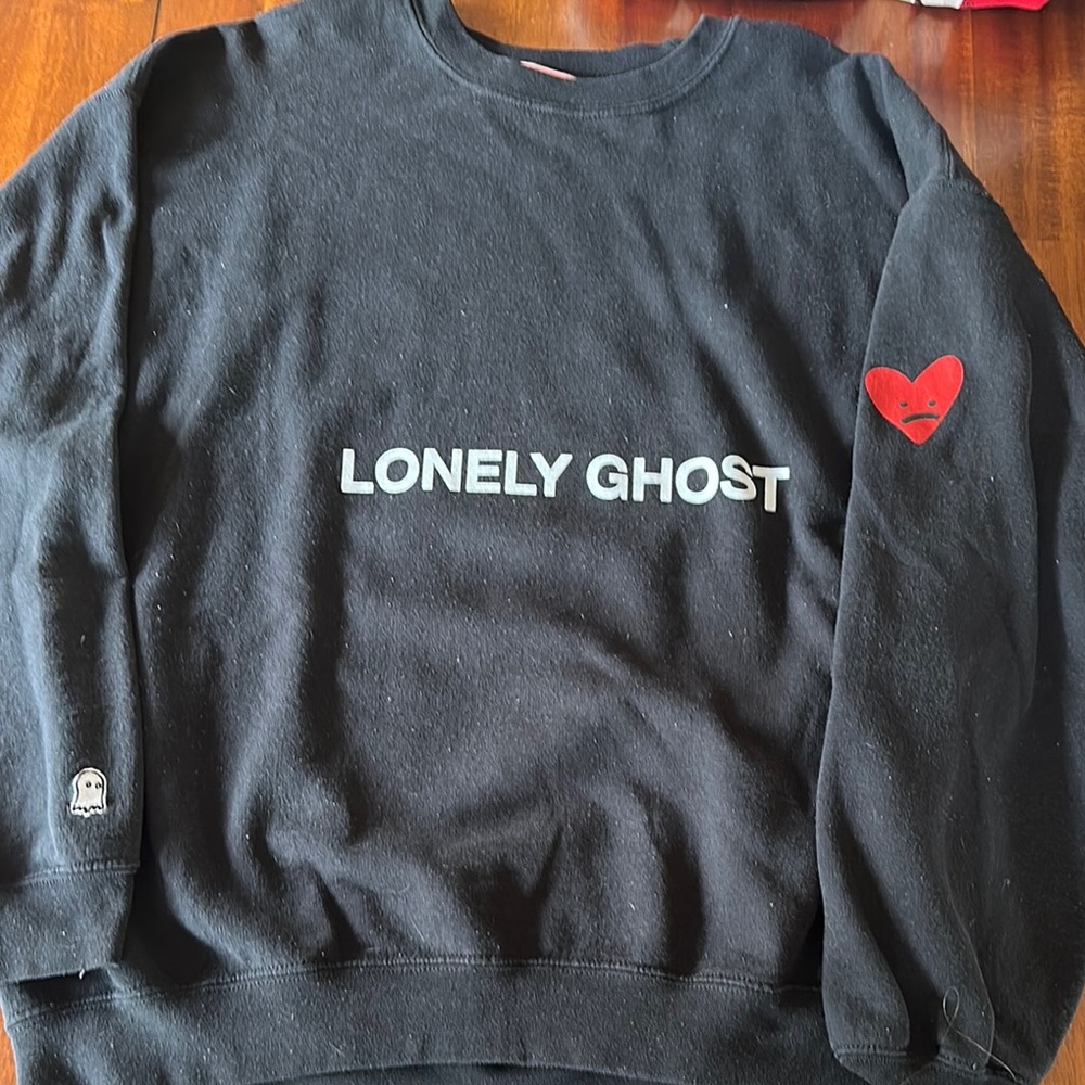Lonely Ghost Black Crewneck Sweater with Heart Design
